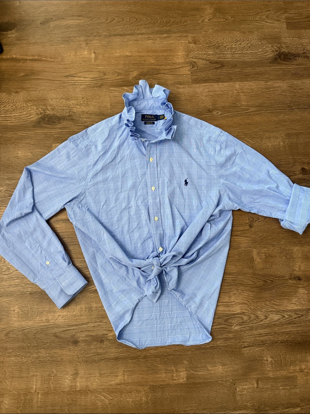 Upcycled Polo by Ralph Lauren Light Blue Ruffle-Collar Button-Down Size Large